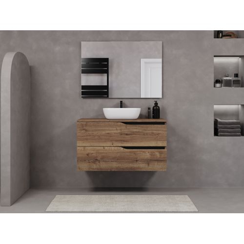 Meuble De Salle De Bain 90cm Avec Plateau Et Cuve - 2 Tiroirs - Tabaco - Luna