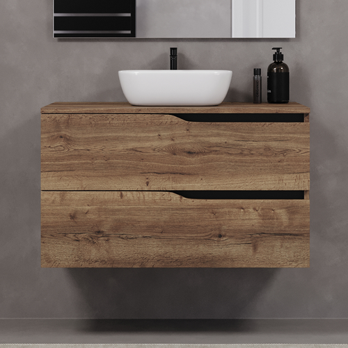 Meuble De Salle De Bain 90cm Avec Plateau Et Cuve - 2 Tiroirs - Tabaco - Luna