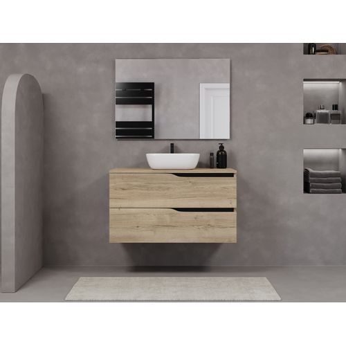 Meuble De Salle De Bain 90cm Avec Plateau Et Cuve - 2 Tiroirs - Chêne Clair - Luna