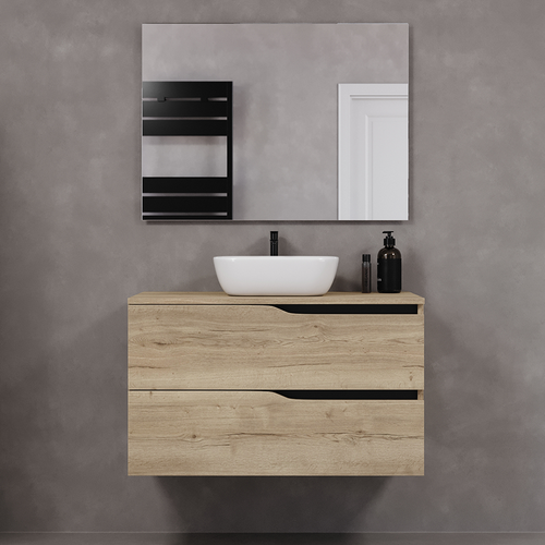 Meuble De Salle De Bain 90cm Avec Plateau Et Cuve - 2 Tiroirs - Chêne Clair - Luna