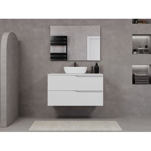 Meuble De Salle De Bain 90cm Avec Plateau Et Cuve - 2 Tiroirs - Blanc - Luna