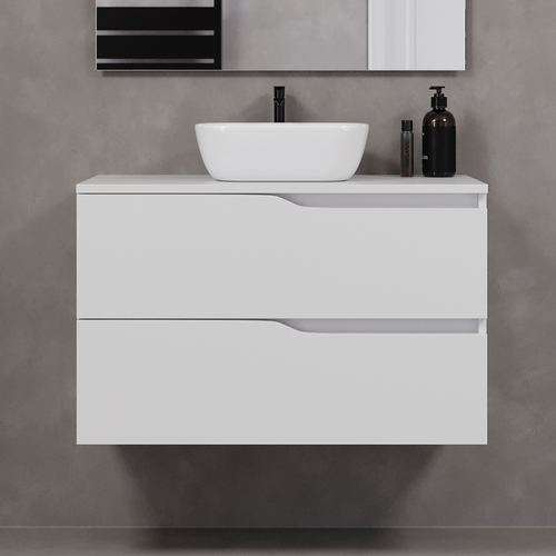 Meuble De Salle De Bain 90cm Avec Plateau Et Cuve - 2 Tiroirs - Blanc - Luna