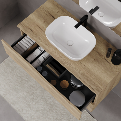 Meuble De Salle De Bain 90cm Avec Plateau Et Cuve - 2 Tiroirs - Sans Miroir - Chêne Clair - Luna