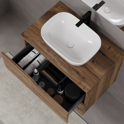 Meuble De Salle De Bain 70cm Avec Plateau Et Cuve - 2 Tiroirs - Tabaco - Luna