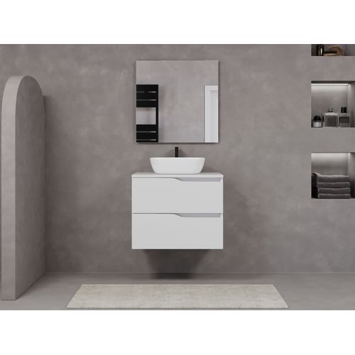 Meuble De Salle De Bain 70cm Avec Plateau Et Cuve - 2 Tiroirs - Blanc - Luna