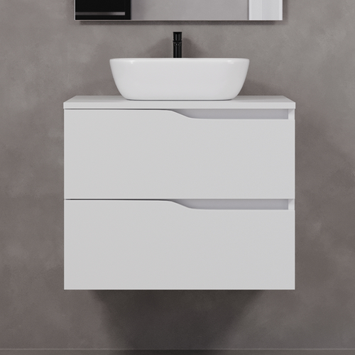 Meuble De Salle De Bain 70cm Avec Plateau Et Cuve - 2 Tiroirs - Blanc - Luna