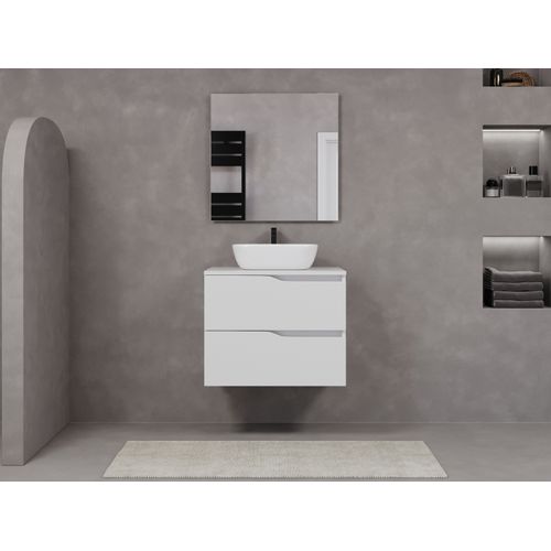 Meuble De Salle De Bain 60cm Avec Plateau Et Cuve - 2 Tiroirs - Sans Miroir - Blanc - Luna