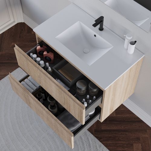 Meuble De Salle De Bain 60cm Avec Plan Simple Vasque - Sans Miroir - 2 Tiroirs - Cambrian - Ribera