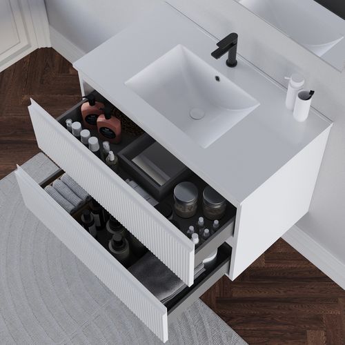 Meuble De Salle De Bain 80cm Avec Simple Vasque - Sans Miroir - 2 Tiroirs - Blanc - Ribera