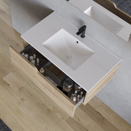 Meuble De Salle De Bain 80cm Avec Simple Vasque - 1 Tiroir - Miel (chêne Clair) - Cadix