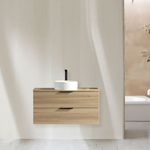 Meuble 100 Cm Chêne Clair Avec Vasque à Poser Blanc Wave Aqualinea