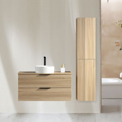 Ensemble Salle De Bain 120 Cm Chêne Clair Vasque à Poser Blanc Wave Aqualinea