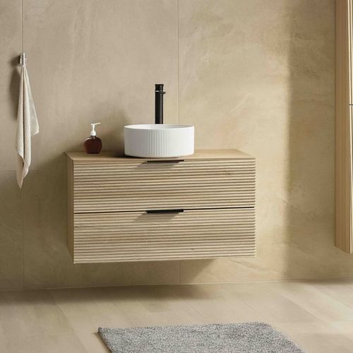 Ensemble Salle De Bain 120 Cm Chêne Clair Vasque à Poser Blanc Wave Aqualinea
