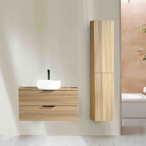 Ensemble Salle De Bain 120 Cm Chêne Clair Vasque à Poser Blanc Brillant Aqualinea