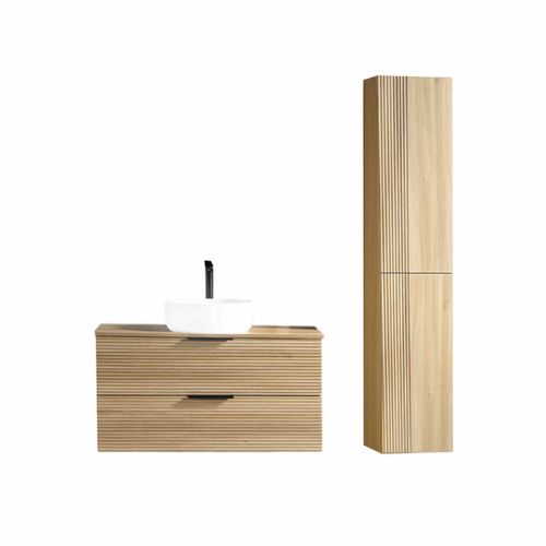 Ensemble Salle De Bain 120 Cm Chêne Clair Vasque à Poser Blanc Brillant Aqualinea