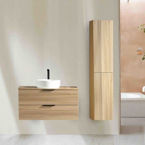 Ensemble Salle De Bain 120 Cm Chêne Clair Vasque à Poser Blanc Mat Aqualinea