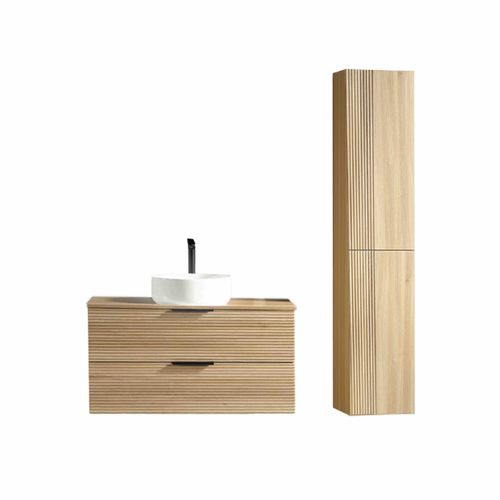 Ensemble Salle De Bain 120 Cm Chêne Clair Vasque à Poser Blanc Mat Aqualinea