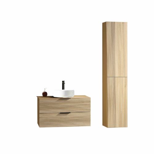 Ensemble Salle De Bain 100 Cm Chêne Clair Vasque à Poser Blanc Brillant Aqualinea