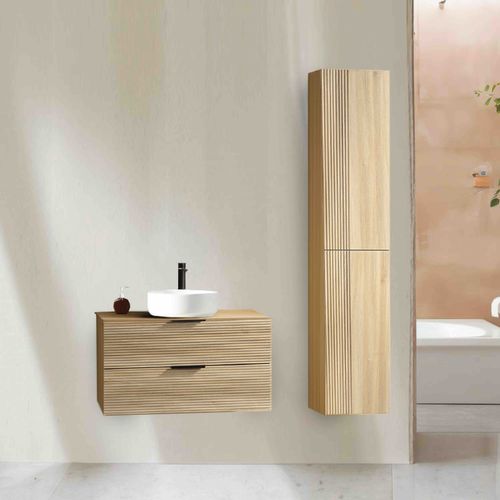 Ensemble Salle De Bain 100 Cm Chêne Clair Vasque à Poser Blanc Brillant Aqualinea