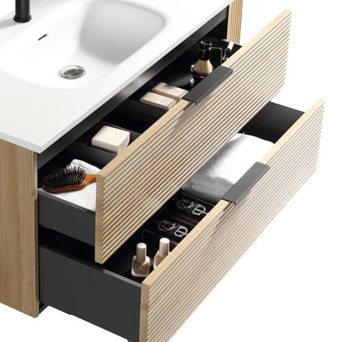 Ensemble Salle De Bain 100 Cm Chêne Clair Vasque à Poser Blanc Wave Aqualinea