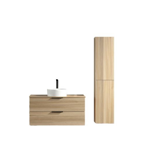 Ensemble Salle De Bain 100 Cm Chêne Clair Vasque à Poser Blanc Wave Aqualinea