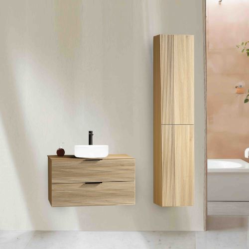 Ensemble Salle De Bain 100 Cm Chêne Clair Vasque à Poser Blanc Mat Aqualinea