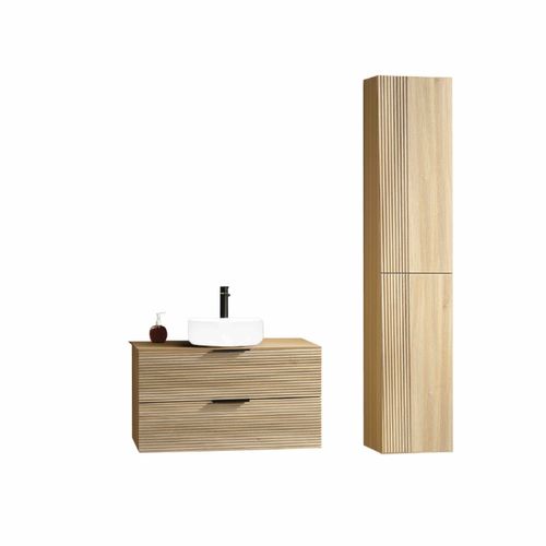 Ensemble Salle De Bain 100 Cm Chêne Clair Vasque à Poser Blanc Mat Aqualinea