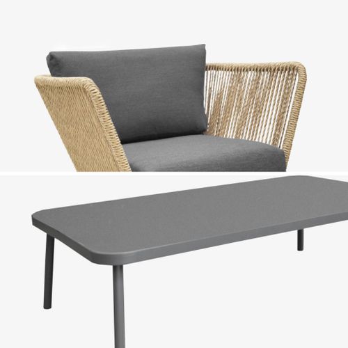 Salon De Jardin Bas. Résine Tressée Effet Corde. Coussins Anthracites 5 Places