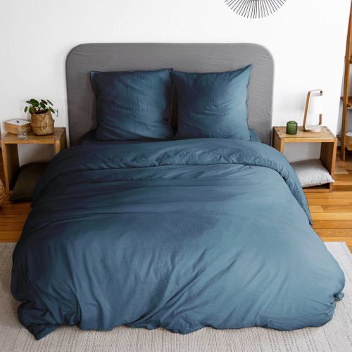 Parure De Lit En Microfibre Lavée. Bleu. 240 X 220cm Pour Lit 2 Places Avec 1 Housse De Couette Et