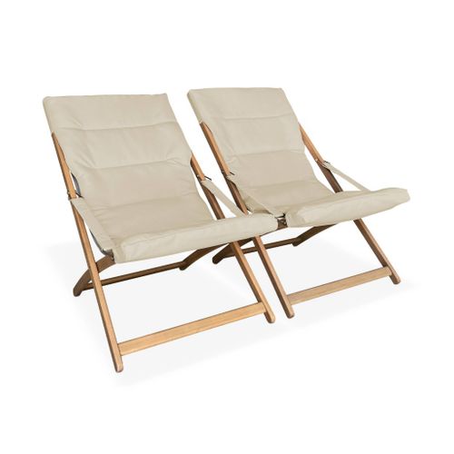 Lot De 2 Chiliennes Beige En Bois. Pliables. Assise Rembourrée