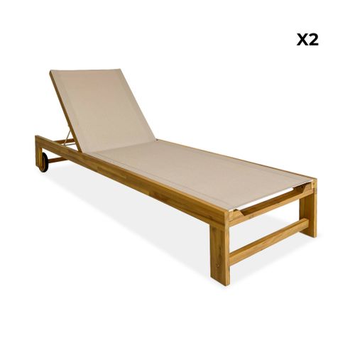 Lot De 2 Bains De Soleil En Bois D'acacia Et Textilène Beige. Multi Positions Avec Roulettes