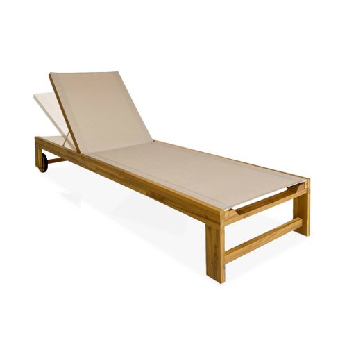 Lot De 2 Bains De Soleil En Bois D'acacia Et Textilène Beige. Multi Positions Avec Roulettes