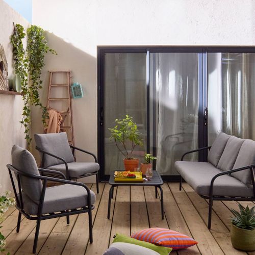 Salon De Jardin En Acier. Structure Anthracite. Coussins Gris. 5 Places