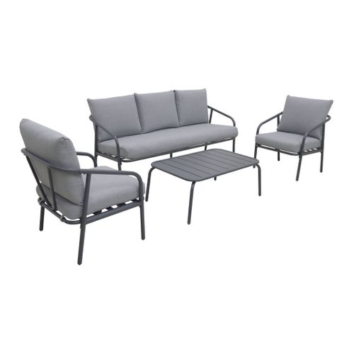 Salon De Jardin En Acier. Structure Anthracite. Coussins Gris. 5 Places