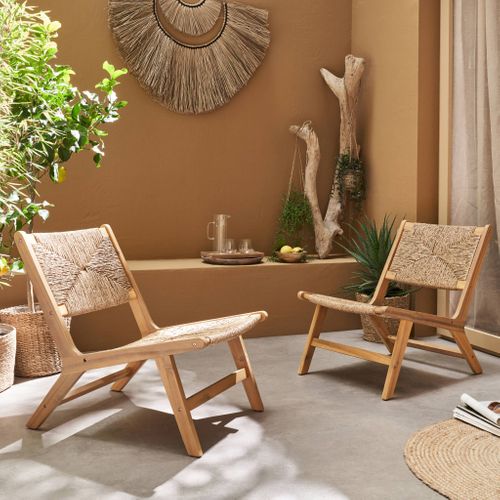Lot De 2 Fauteuils Relax De Jardin En Bois Et Résine Effet Paille. Intérieur / Extérieur