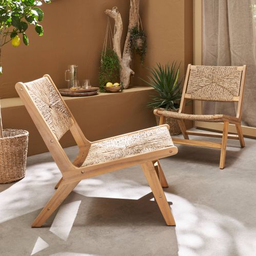Lot De 2 Fauteuils Relax De Jardin En Bois Et Résine Effet Paille. Intérieur / Extérieur