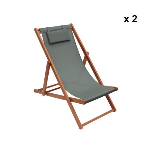 Chiliennes Bois - Creus - 2 Transats En Bois D'eucalyptus Huilé Avec Coussin Repose-tête Savane