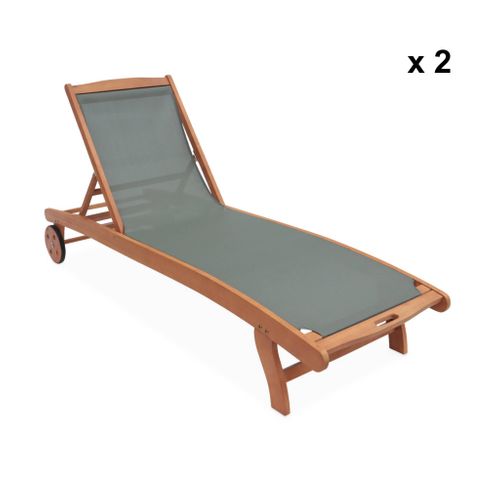 Bains De Soleil En Bois - 2 Transats En Bois D'eucalyptus Huilé Et Textilène Kaki