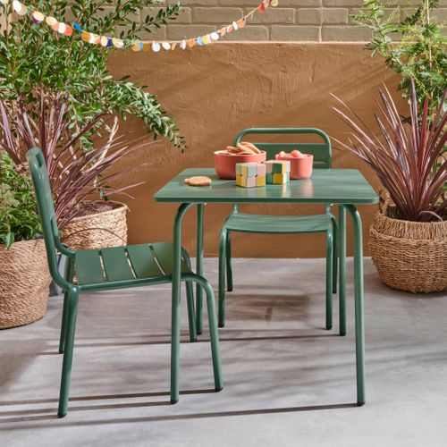 Table De Jardin Enfant Métal + 2 Assises Vert De Gris Anna. 48x48cm