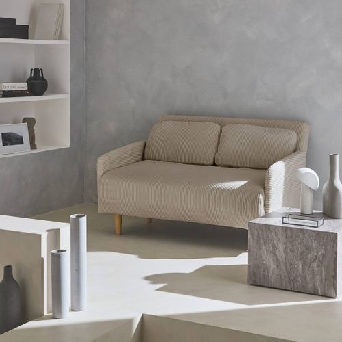 Canapé Convertible En Velours Côtelé - Panam - 2 Places Scandinave. Pieds Bois. Beige/greige.