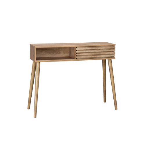 Console Scandinave Décor Bois Avec 1 Porte Coulissante Rainurée 2 Niches De Rangement