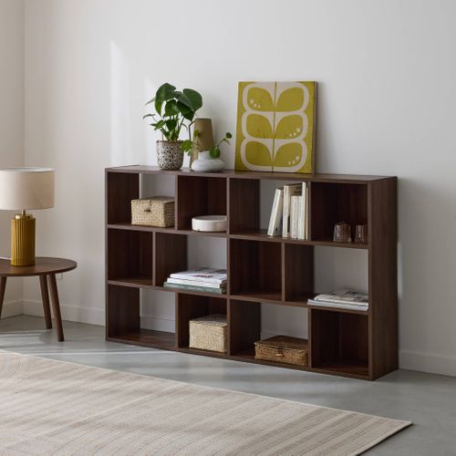 Bibliothèque Design Asymétrique Noyer. Pieter. 3 Étagères. 12 Compartiments De Rangement