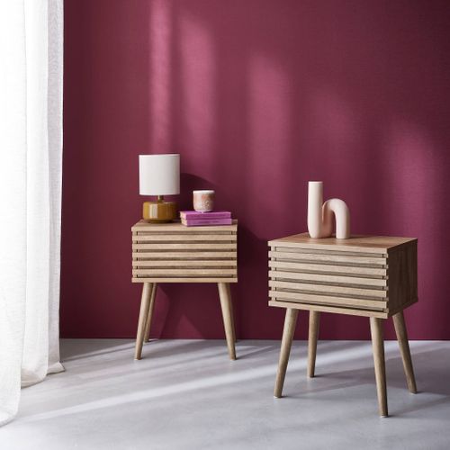 Lot De Deux Tables De Chevet Style Scandinave Décor Bois Avec Tiroir Rainuré Et Pieds