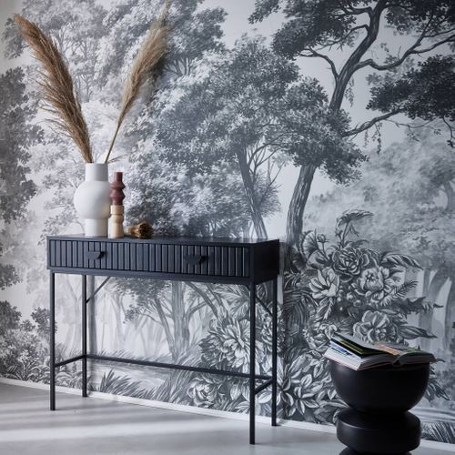 Console 2 Tiroirs Effet Bois Rainuré Noir. Pieds Métal Noir