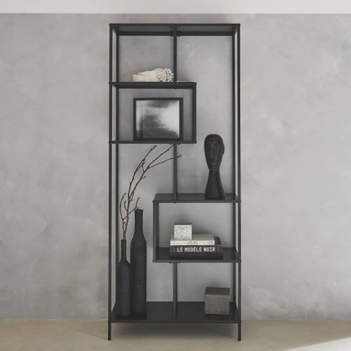 Etagère Bibliothèque Asymétrique 6 Étages En Métal Noir Industrielle L 77 X P 33 X H 185cm