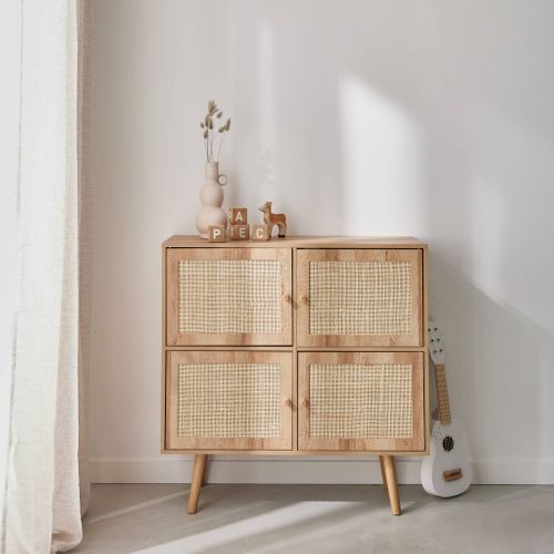 Commode Enfant Effet Bois 4 Portes En Cannage
