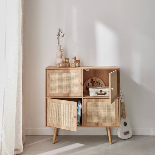 Commode Enfant Effet Bois 4 Portes En Cannage