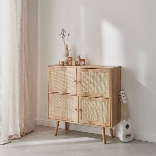 Commode Enfant Effet Bois 4 Portes En Cannage