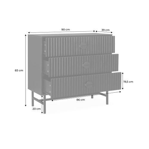Commode 3 Tiroirs Effet Bois Rainuré Noir Bazalt