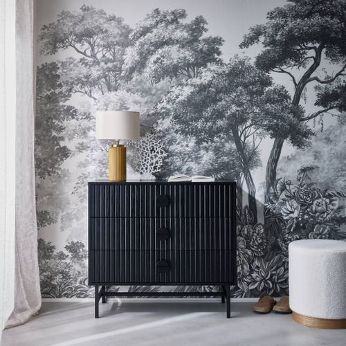 Commode 3 Tiroirs Effet Bois Rainuré Noir Bazalt